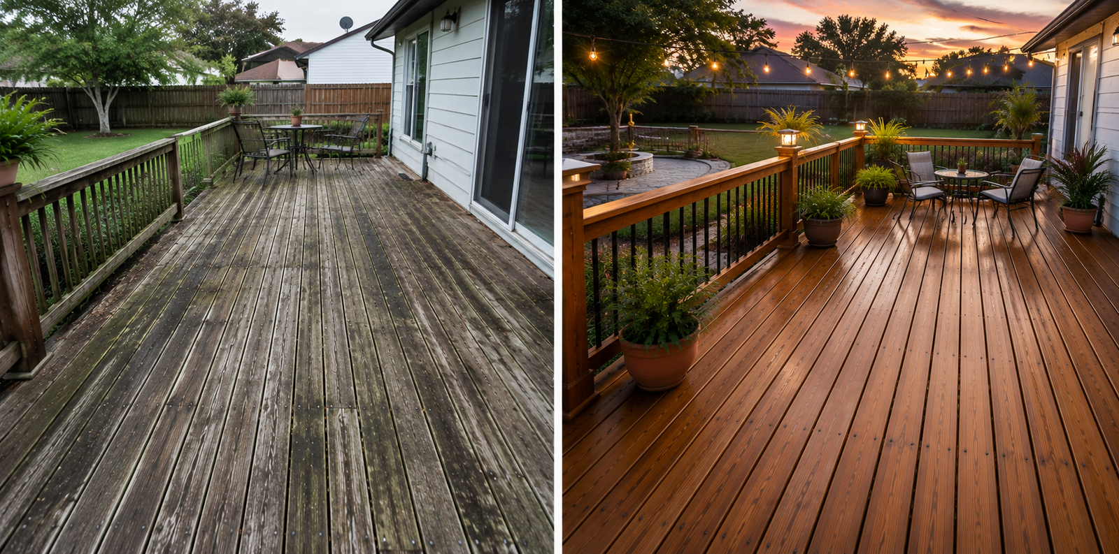Algae covered deck before and after cleaning in Bradenton