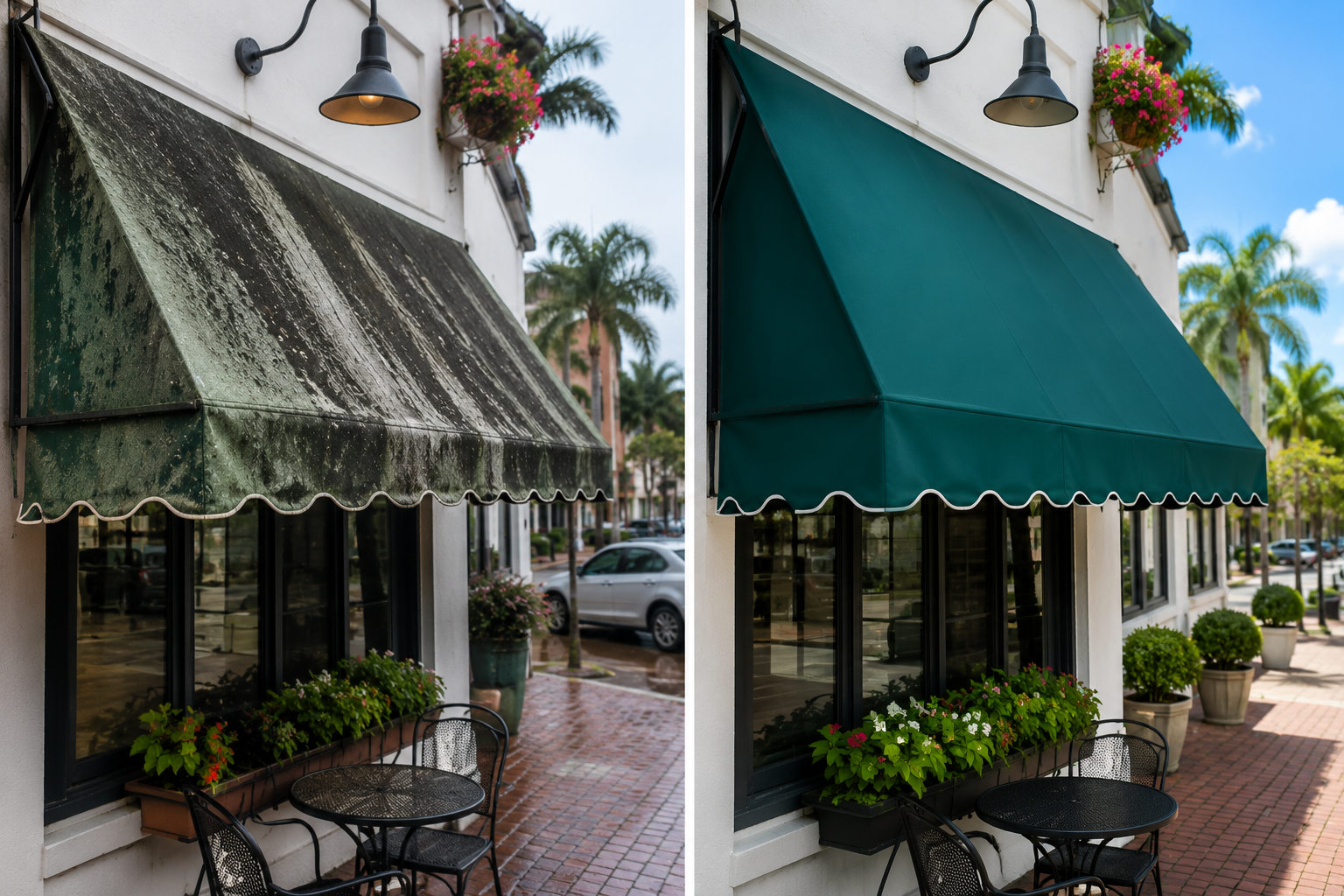 Before and after commercial awning cleaning in Bradenton, Florida