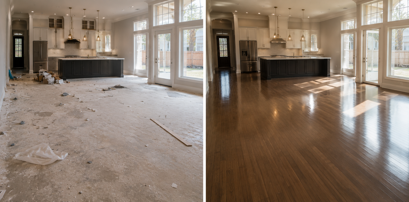 Before and after post construction cleanup in a modern Bradenton home