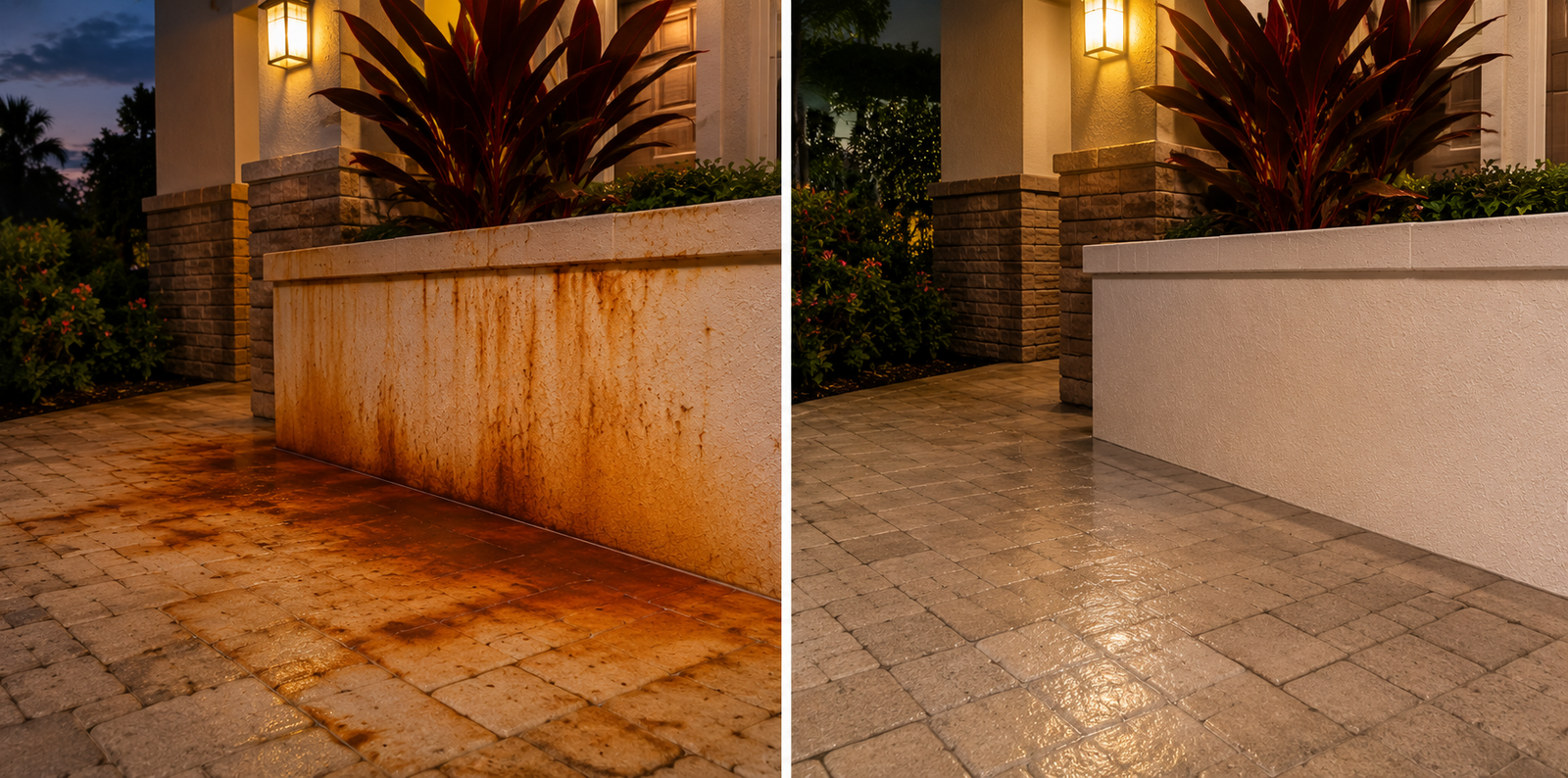 Before and after rust stain removal on a residential patio in Bradenton, FL