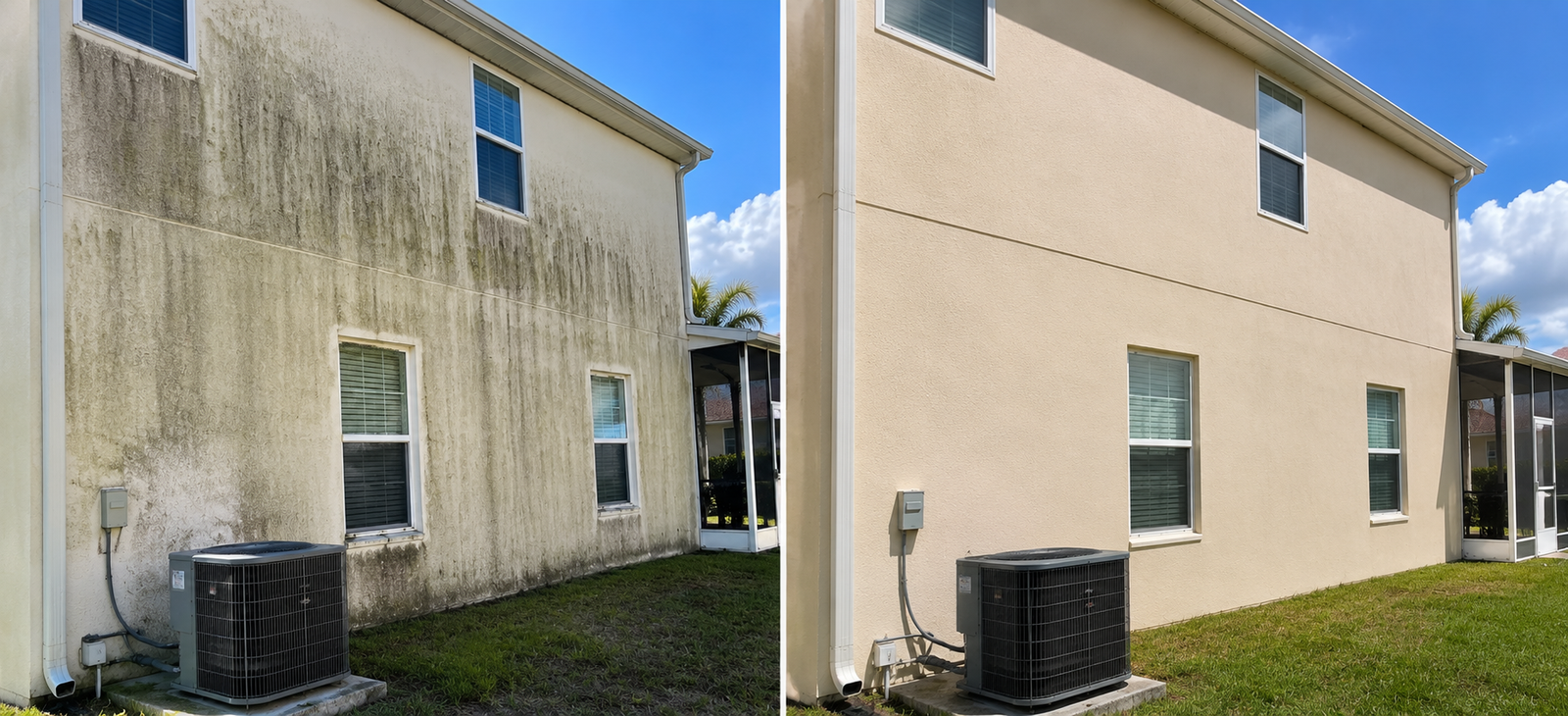 Before and after soft washing of a mildew-stained stucco house exterior in Bradenton showing a clean and refreshed surface