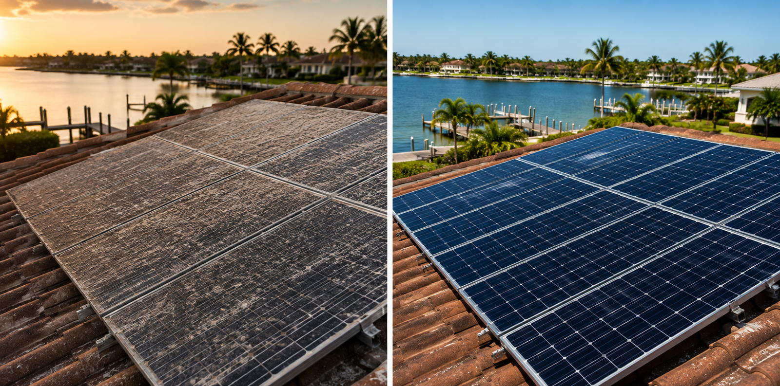 Before and after solar panel cleaning in Bradenton, FL