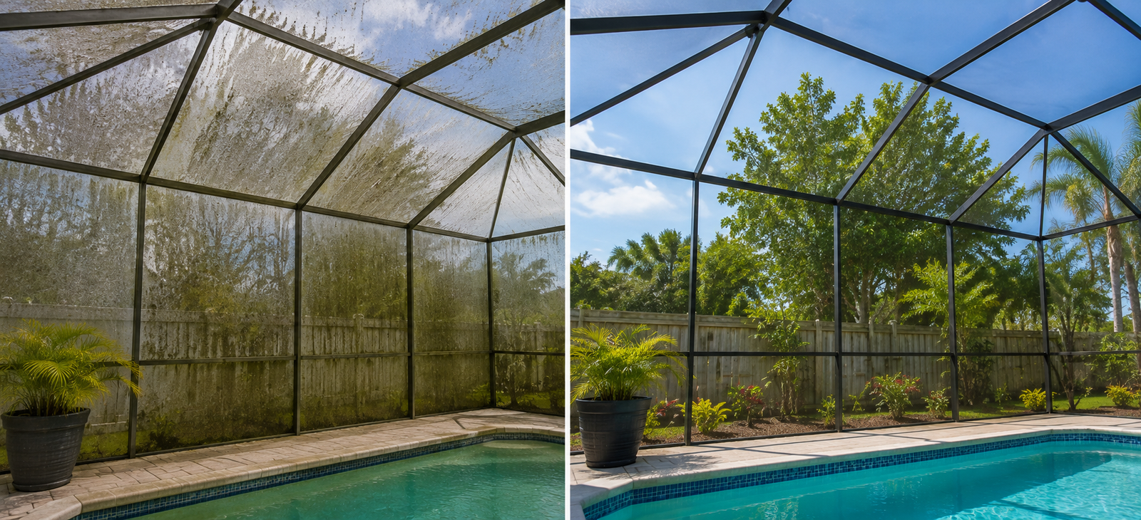 Bradenton pool cage and lanai cleaning project before and after