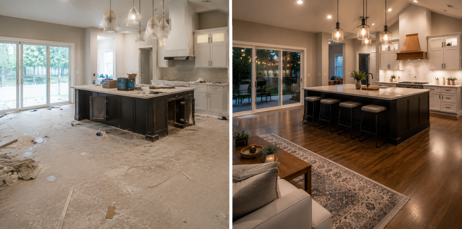 Construction debris cleanup before and after in a Bradenton residential interior