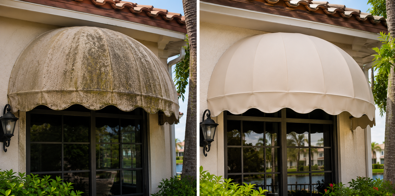 Dirty and clean residential awning after professional cleaning