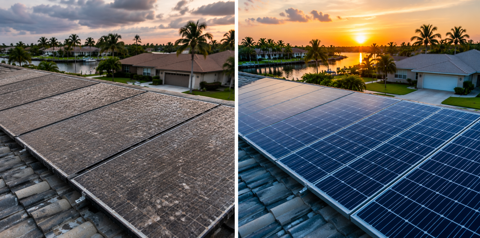 Dirty and clean solar panels after professional cleaning