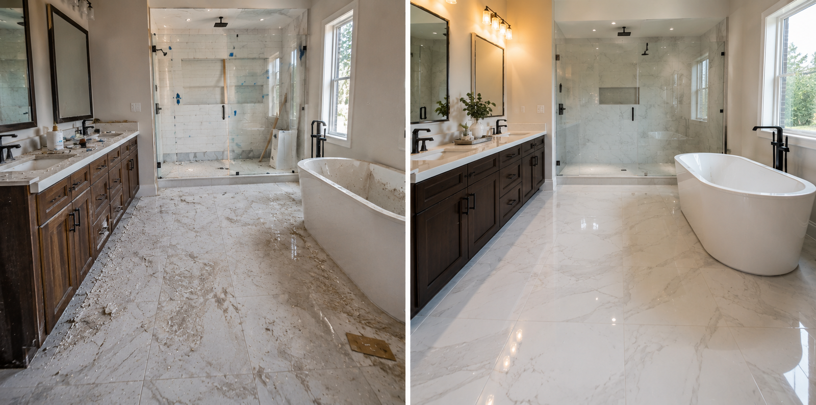 Dusty renovation kitchen transformed after professional post construction cleaning