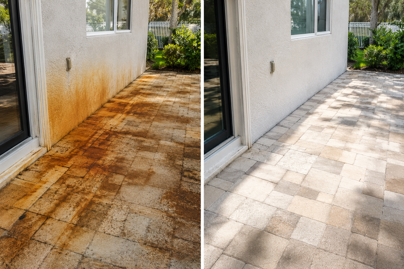 Evening before and after rust stain removal on a Bradenton home exterior