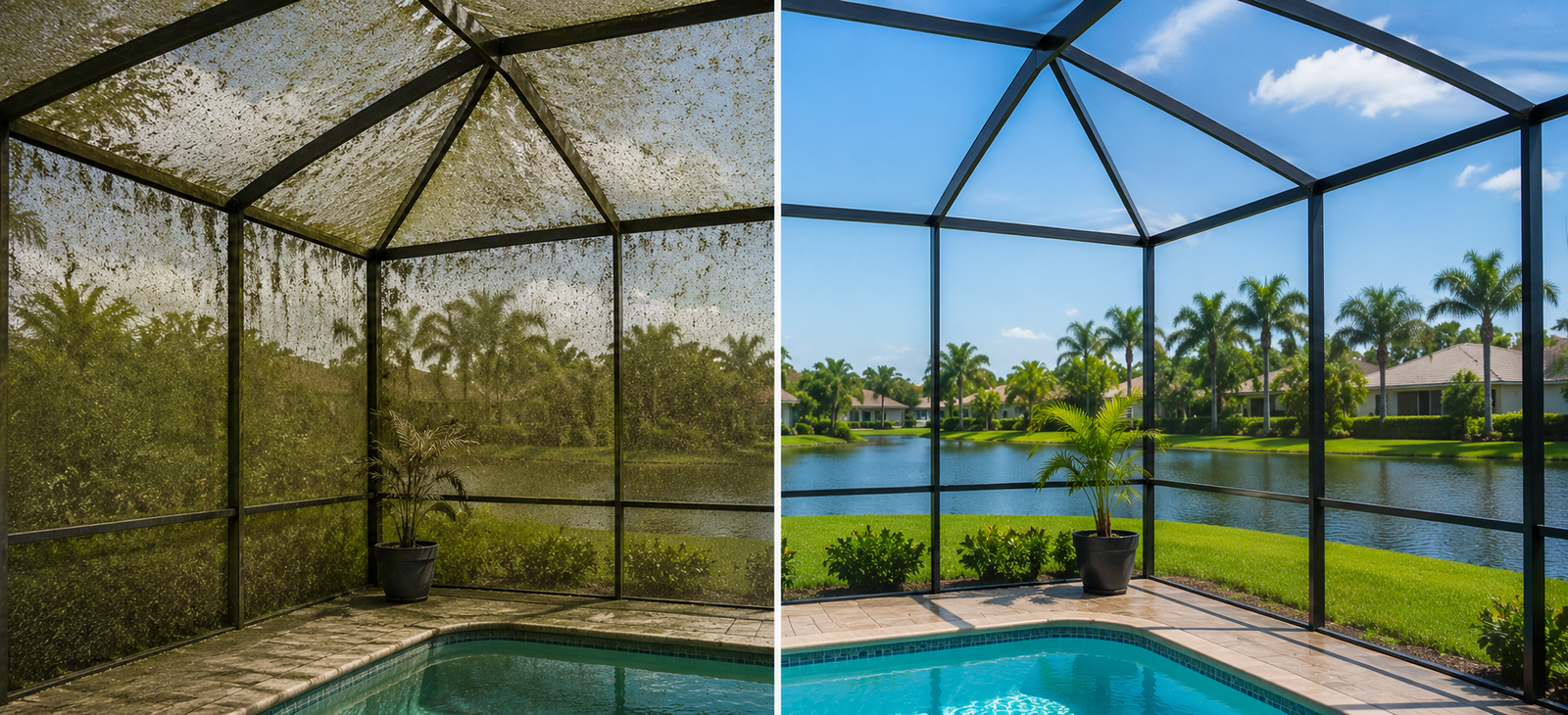 Real Bradenton pool cage and lanai cleaning before and after