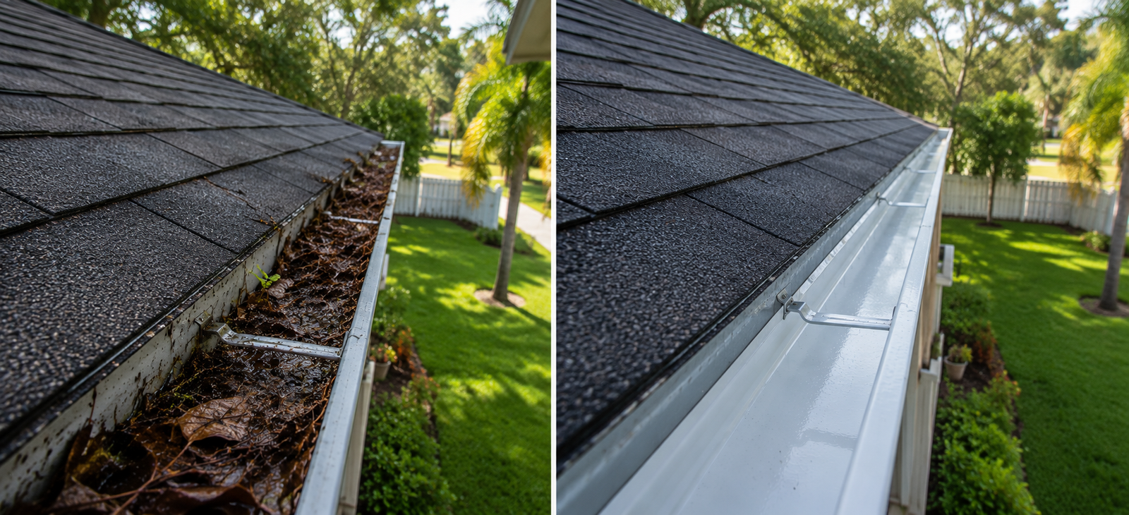 Before and after gutter cleaning results in Bradenton, FL