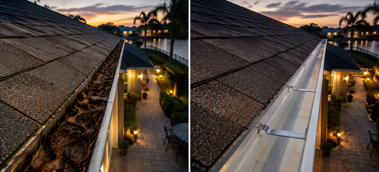 Before and after photos of a gutter cleaning project in Bradenton, FL