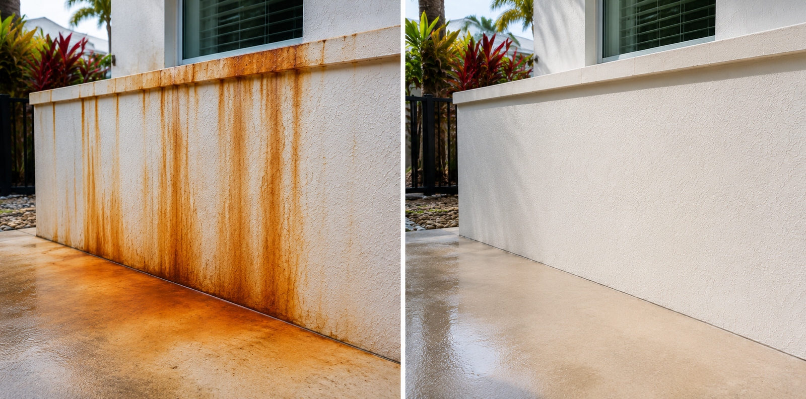 Rust stained stucco wall and pavers before and after professional cleaning