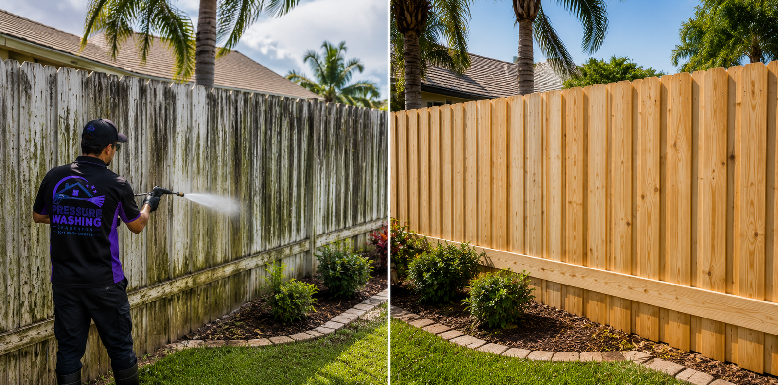 Fence cleaning project in Bradenton, FL, before and after