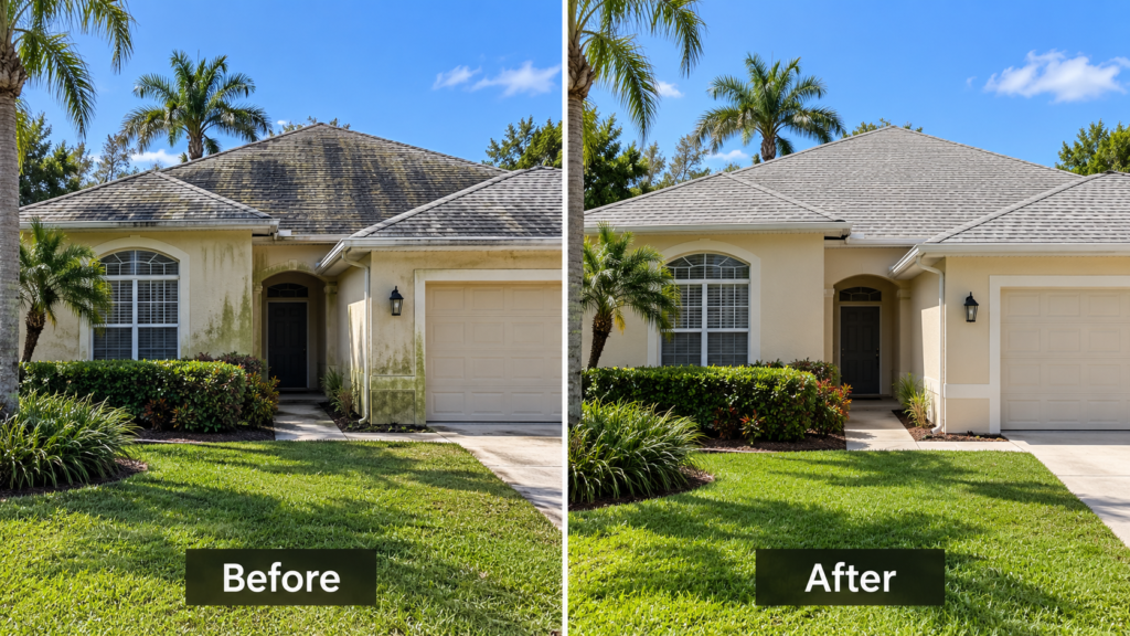 Before and after roof and exterior cleaning of a Florida home